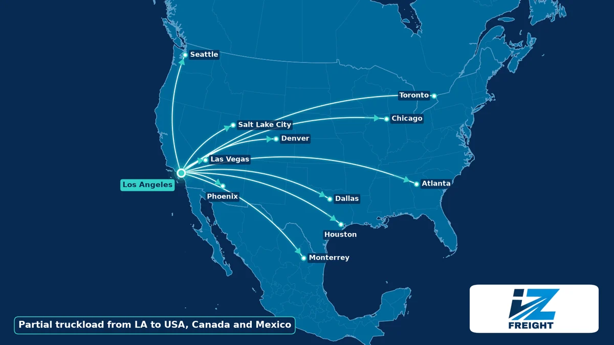 Partial Truckload Coverage Map From Los Angeles Map of partial truckload routes from Los Angeles to Phoenix, Las Vegas, Salt Lake City, Denver, Dallas, Houston, Chicago, Atlanta, Seattle, Toronto and Monterrey