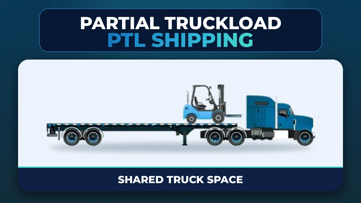 PTL Shipping menu card: flatbed truck with a forklift