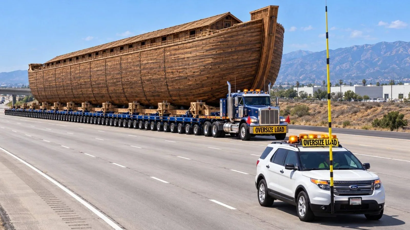 Noah's Ark being transported down the highway with a Pole Car leading the way
