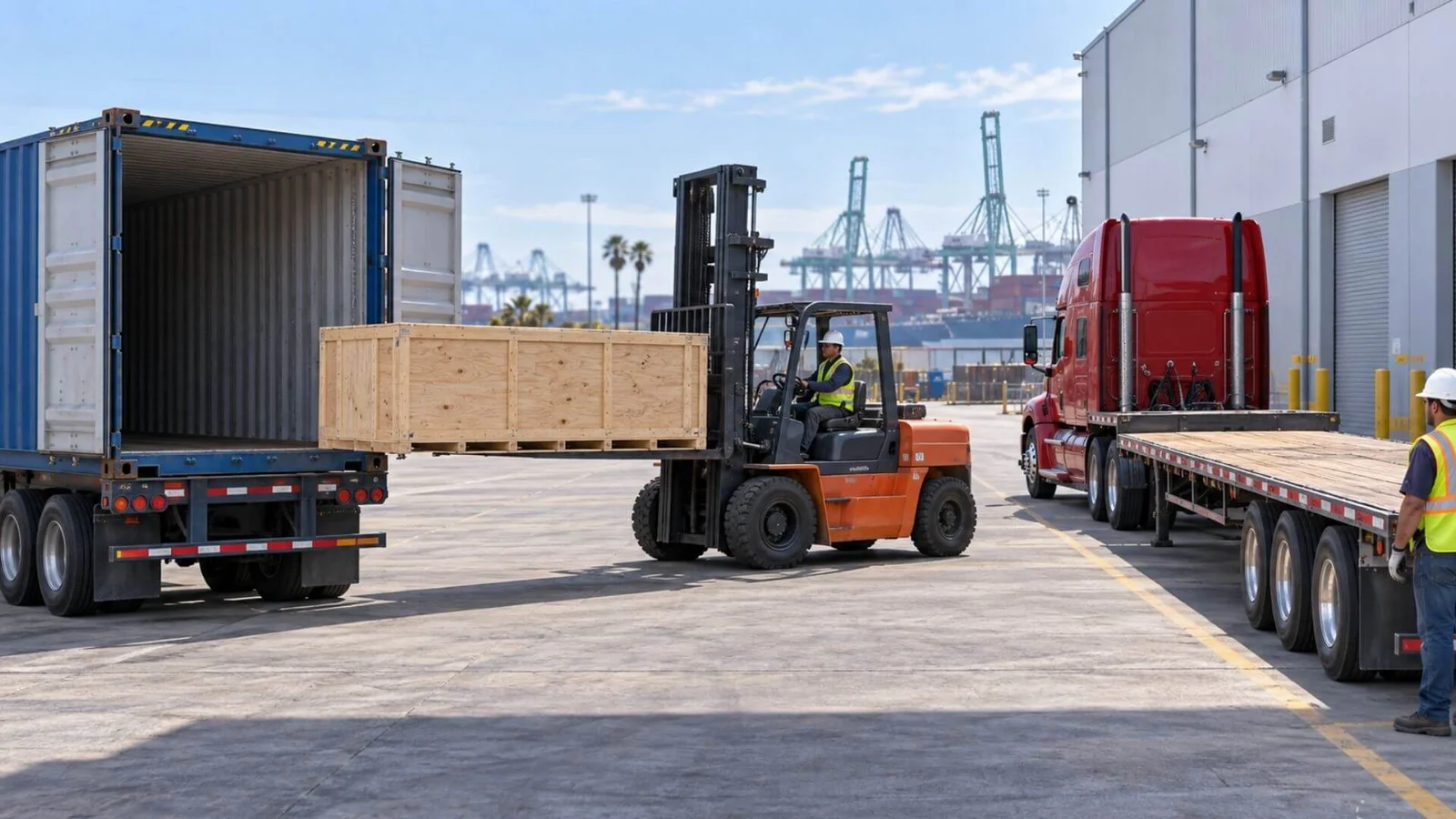 Port drayage Crated machinery moving from a container to a flatbed near the port