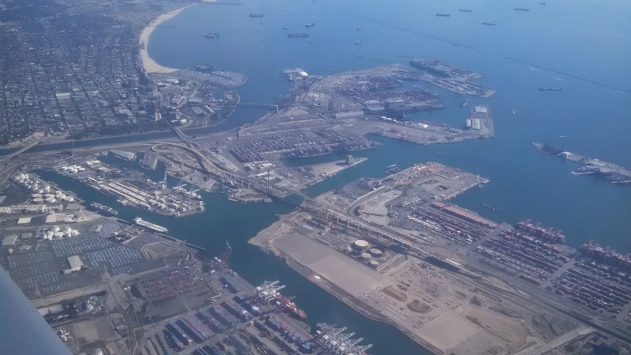 Aerial view of the Port of Long Beach terminals, piers and harbor