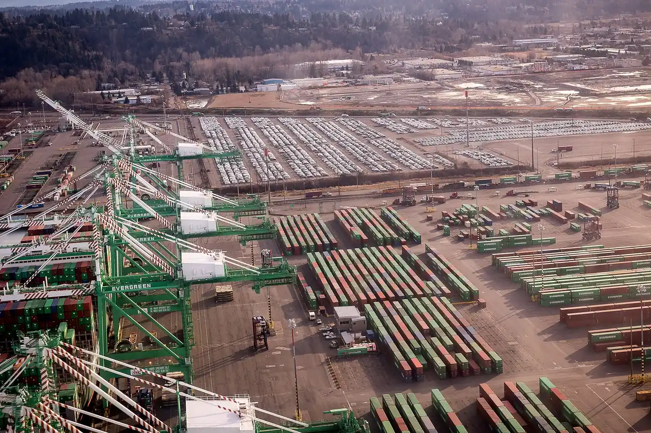 Aerial view of container cranes and stacked containers at the Port of Tacoma