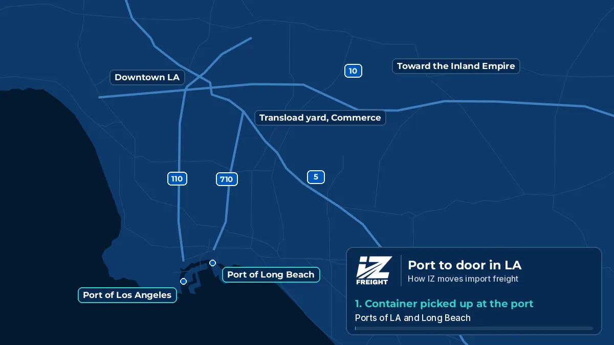 Port to Door Transload in Los Angeles Animated map of port to door freight in Los Angeles: drayage from the Ports of Los Angeles and Long Beach up the 710 and 110 to a Commerce transload yard, then out on the 10 and the 5