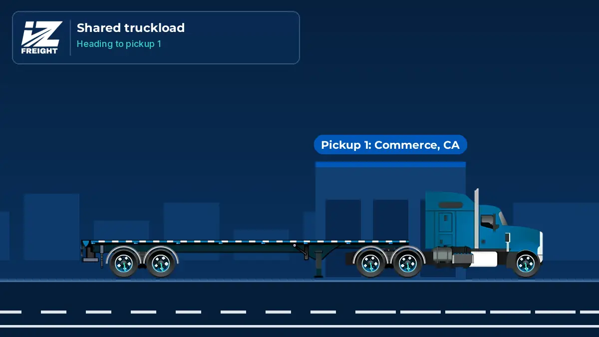 Shared Truckload From Los Angeles to Dallas and Houston Animated map of an IZ Freight flatbed picking up machinery at two Los Angeles area stops in Commerce and Ontario, then delivering to Dallas and Houston
