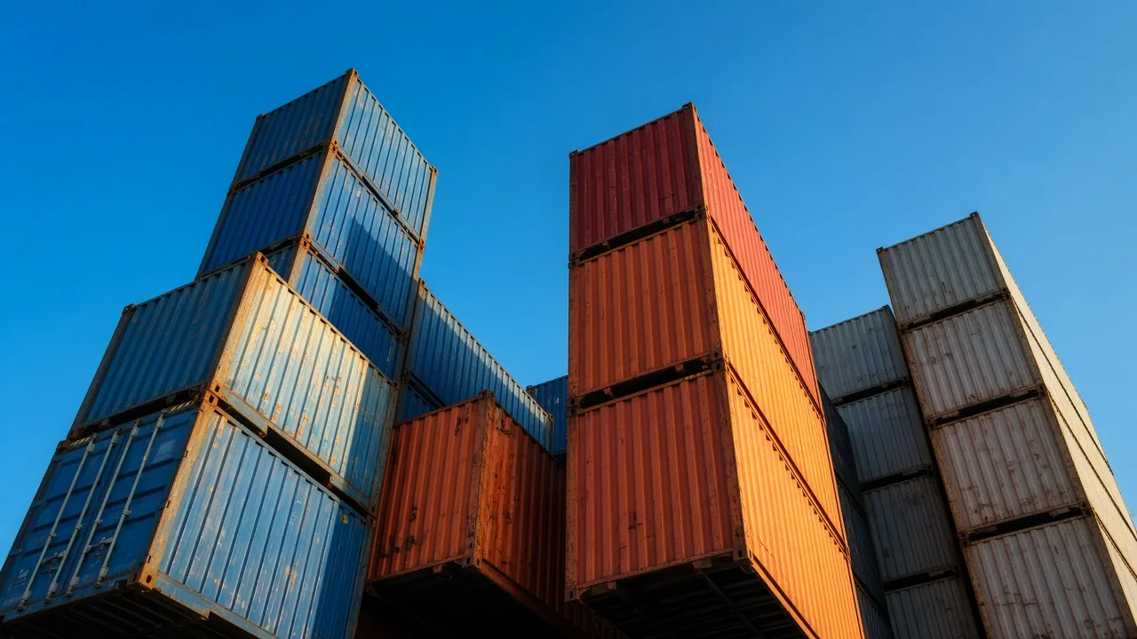 Stacks of shipping containers against a blue sky at the Port of Long Beach