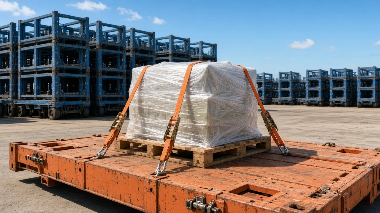 Shrink wrapped crate strapped to an orange flat rack at a container terminal