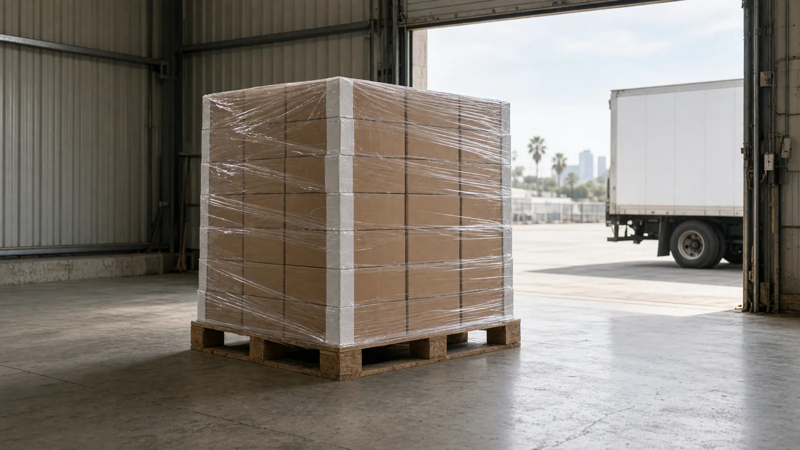 Shrink wrapped pallet of square stacked boxes with corner boards in a Los Angeles warehouse