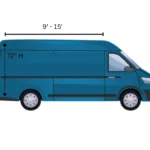 Blue Sprinter cargo van diagram showing 9 to 15 feet of cargo length, 72 inches of inside height and a 28 inch floor height