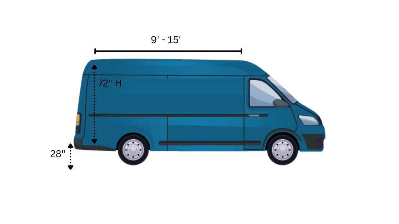 Blue Sprinter cargo van diagram showing 9 to 15 feet of cargo length, 72 inches of inside height and a 28 inch floor height