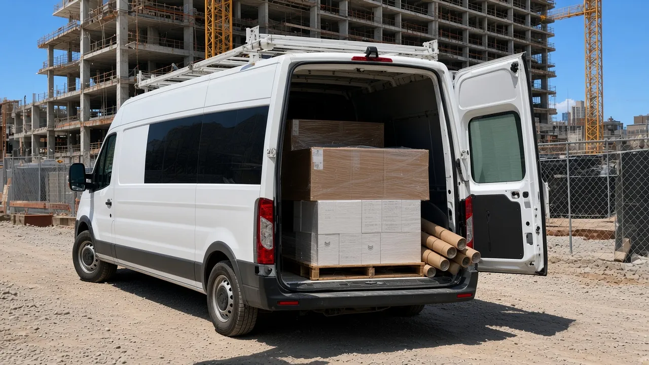 Illustration: white cargo van with rear doors open at a construction site, shrink wrapped pallet and tubes inside