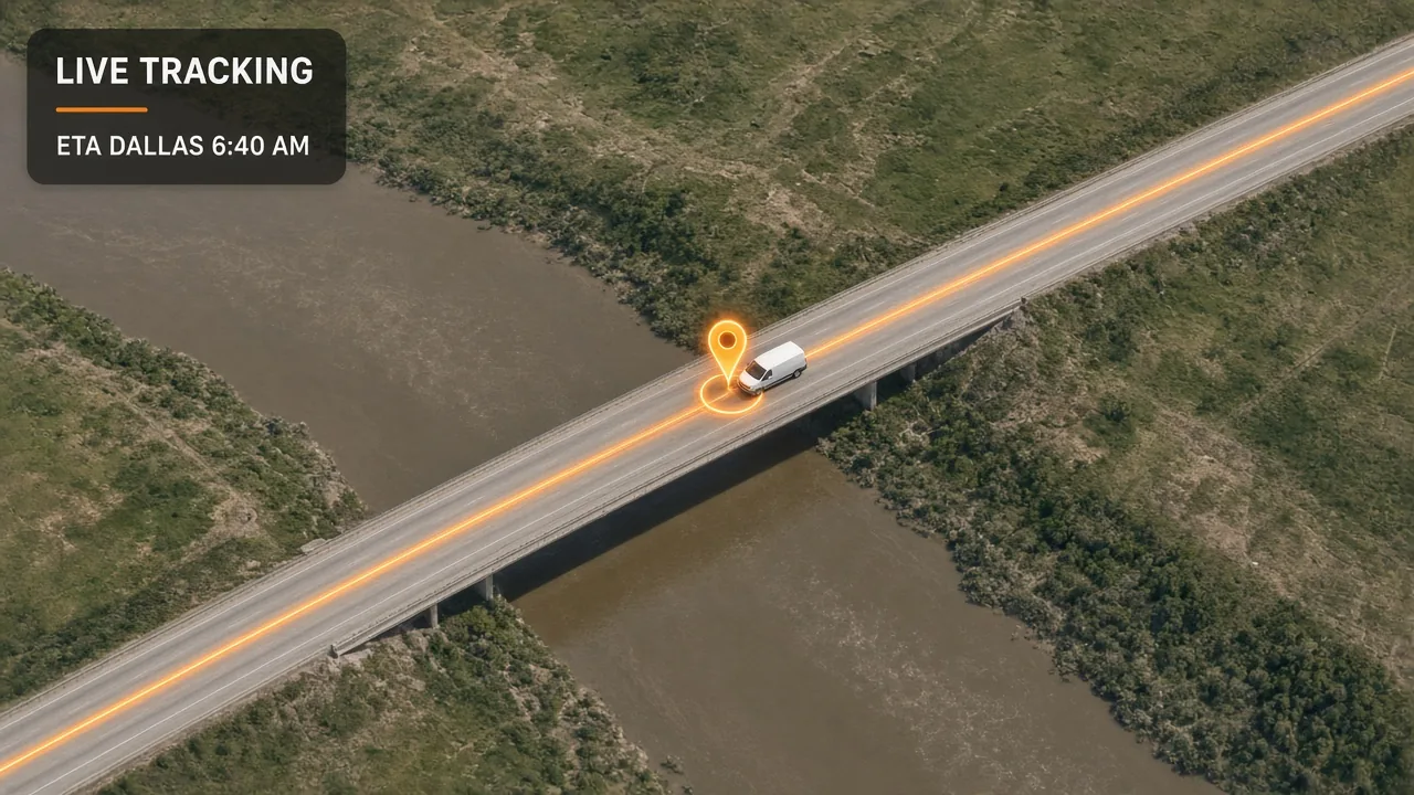 Aerial view of a white van crossing a river bridge with a GPS location pin and live tracking ETA panel