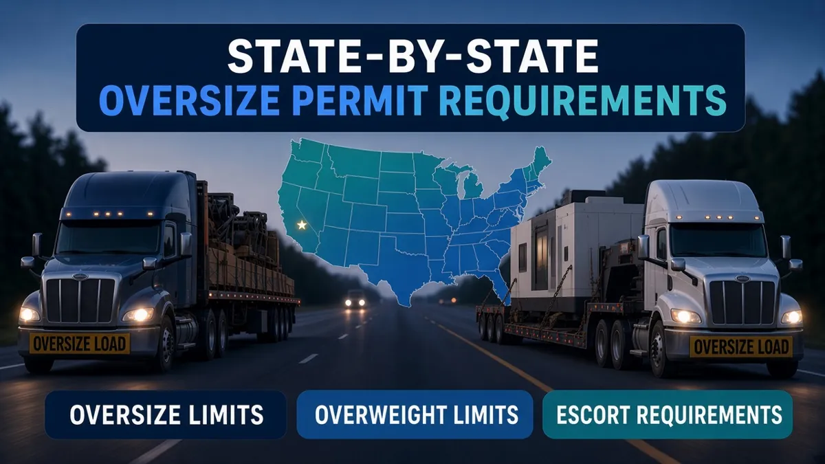Flatbed and RGN trucks with oversize load banners beside a US map highlighting California for state oversize permit rules