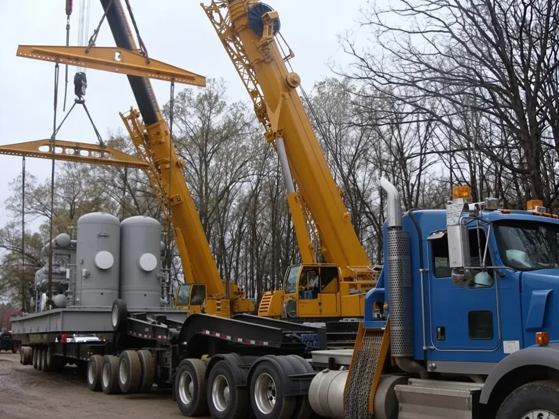 Two cranes lifting large vessels onto a multi axle trailer