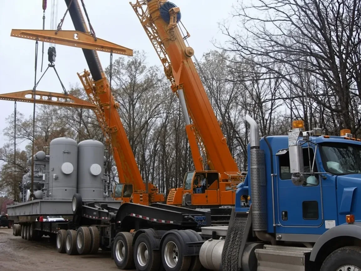 Two orange mobile cranes with spreader bars lifting grey pressure vessels onto a multi-axle trailer behind a blue semi tractor