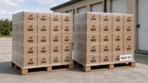 Two shrink-wrapped pallets of dog food boxes staged outside self-storage unit doors