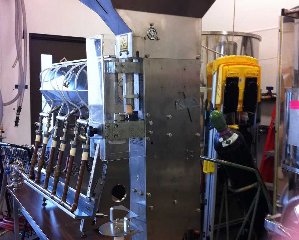 Wine bottling line with bottles on a conveyor