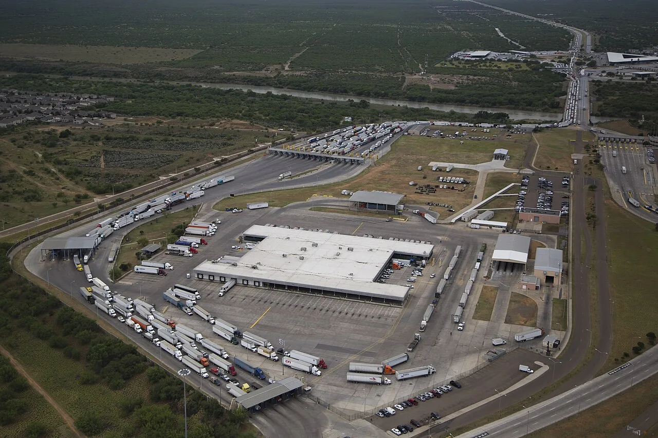 Aerial view of trucks lined up at the World Trade Bridge commercial crossing in Laredo, Texas